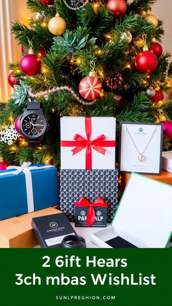 A collection of thoughtful gifts for a 30-year-old displayed around a Christmas tree.